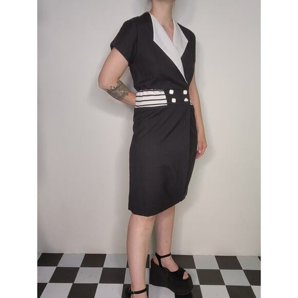 50s Vtg Kevin Stuart Petite Black White Mod Midi Business Collared Dress Sz Sm - Picture 2 of 10